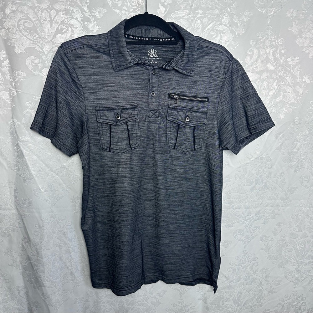 Rock & Republic Polo Mens Gray Military Pocket Zippers Shirt